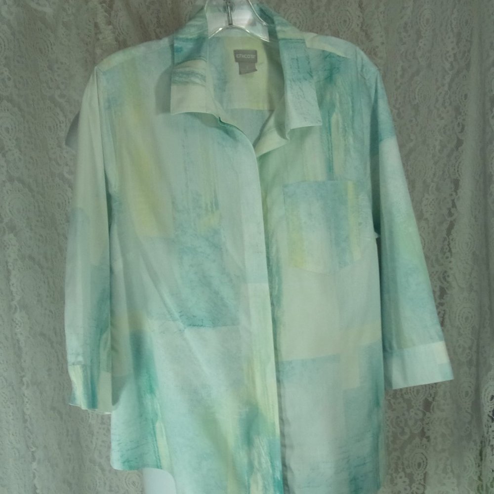 Chico's Button Front Blouse Watercolors blue green yellow. NWOT